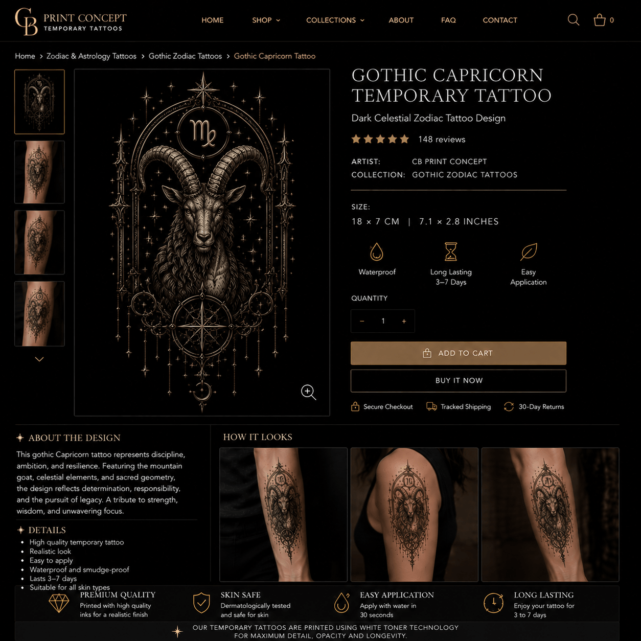 Gothic Capricorn temporary tattoo featuring celestial blackwork zodiac design by CB Print Concept