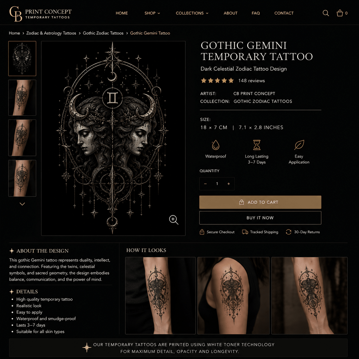 Gothic Gemini temporary tattoo featuring celestial blackwork twin design by CB Print Concept