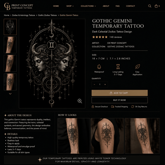 Gothic Gemini temporary tattoo featuring celestial blackwork twin design by CB Print Concept
