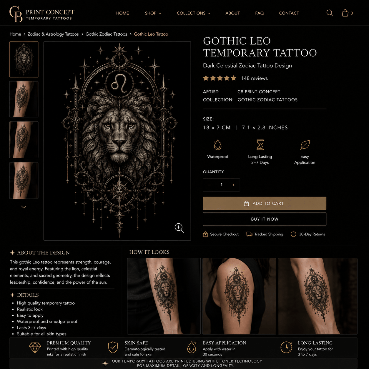 Gothic Leo temporary tattoo featuring celestial blackwork lion design by CB Print Concept