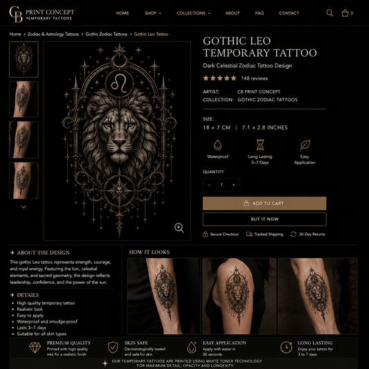 Gothic Leo temporary tattoo featuring celestial blackwork lion design by CB Print Concept