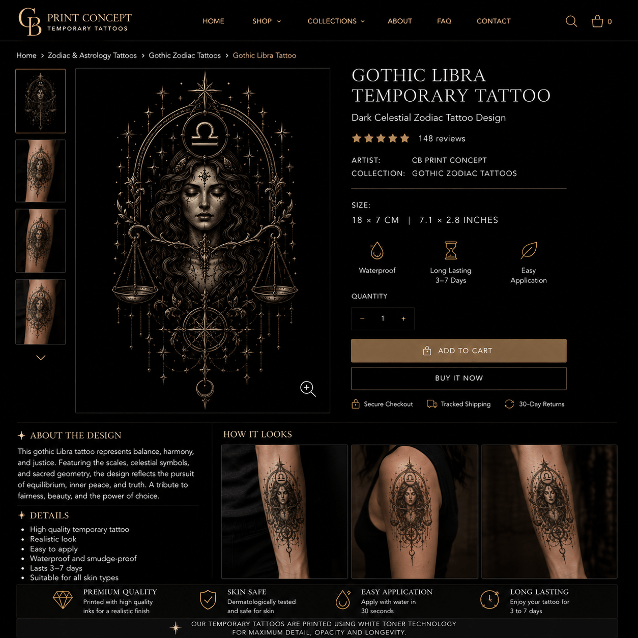 Gothic Libra temporary tattoo featuring celestial blackwork zodiac design by CB Print Concept