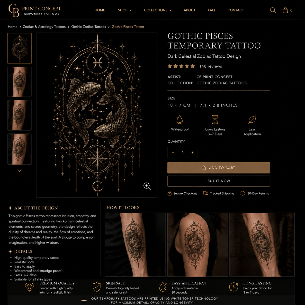 Gothic Pisces temporary tattoo featuring celestial blackwork fish design by CB Print Concept
