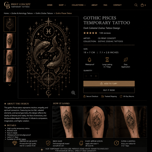 Gothic Pisces temporary tattoo featuring celestial blackwork fish design by CB Print Concept