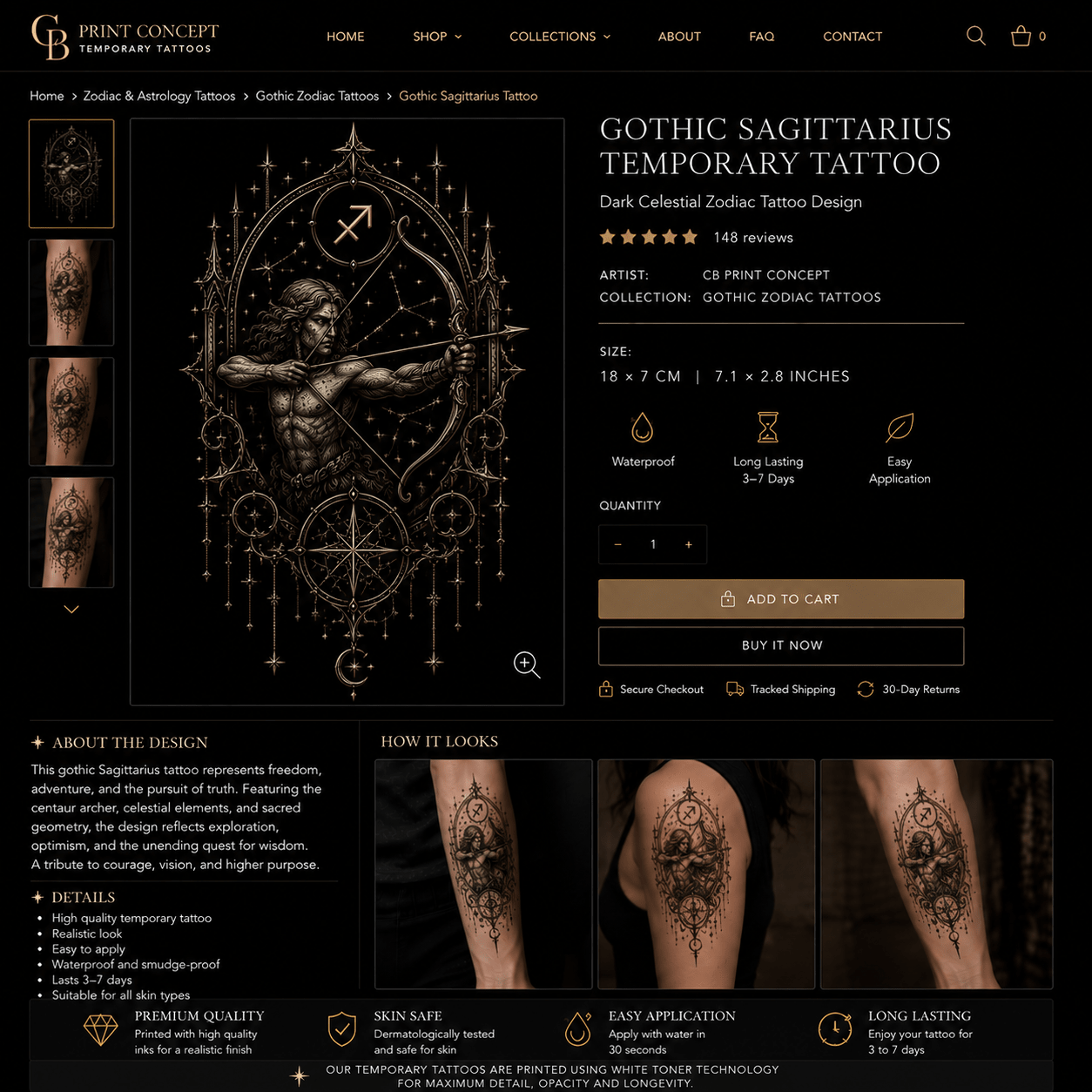 Gothic Sagittarius temporary tattoo featuring celestial blackwork archer design by CB Print Concept