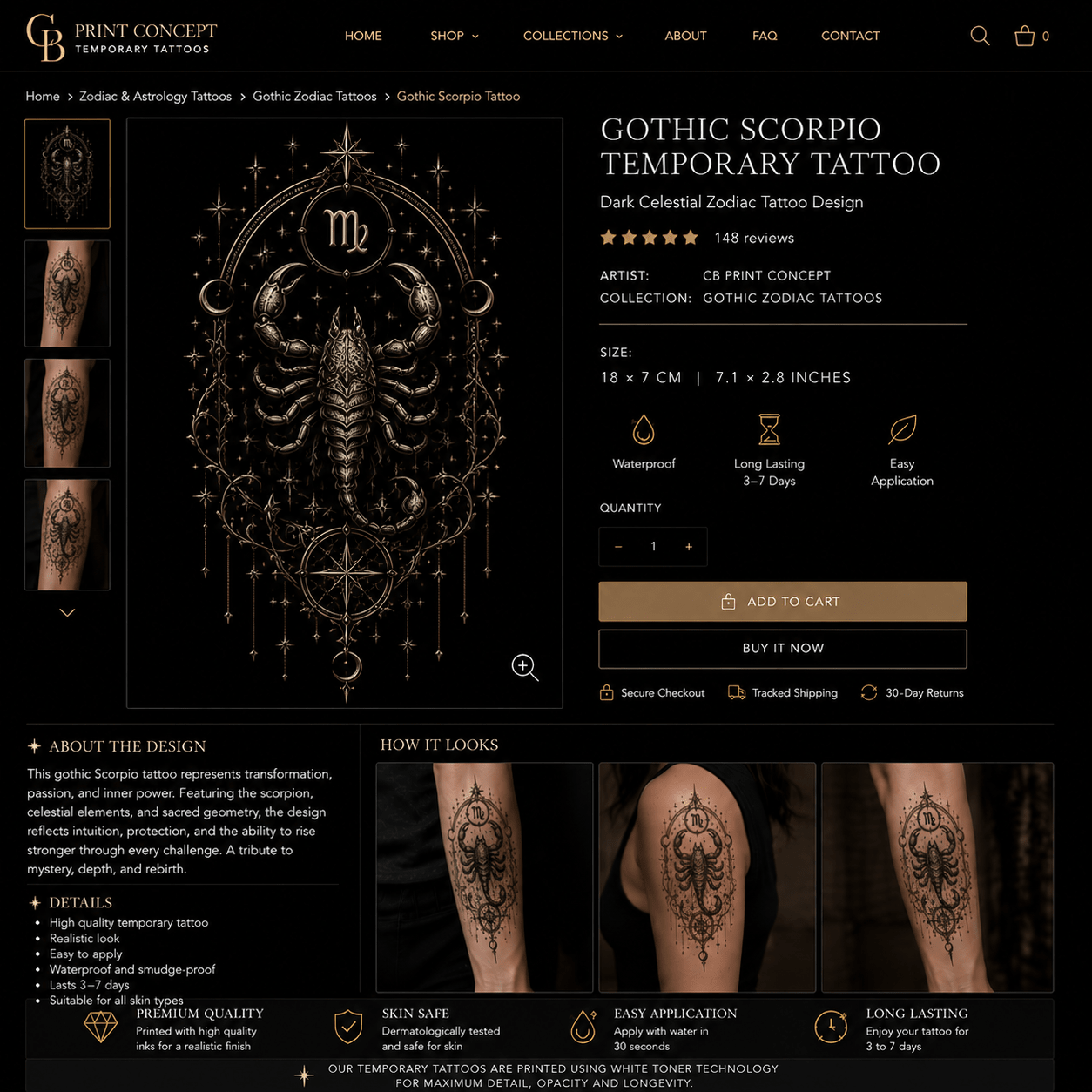 Gothic Scorpio Temporary Tattoo | High - Quality | Buy Now at CB Print Concept