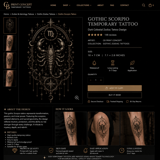 Gothic Scorpio Temporary Tattoo | High - Quality | Buy Now at CB Print Concept