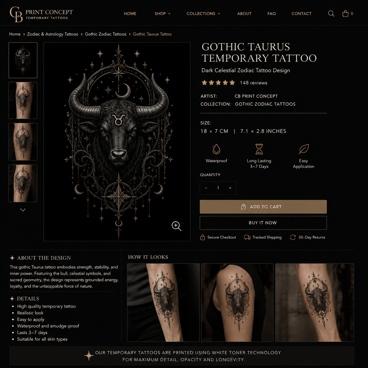 Gothic Taurus temporary tattoo featuring celestial blackwork bull design by CB Print Concept