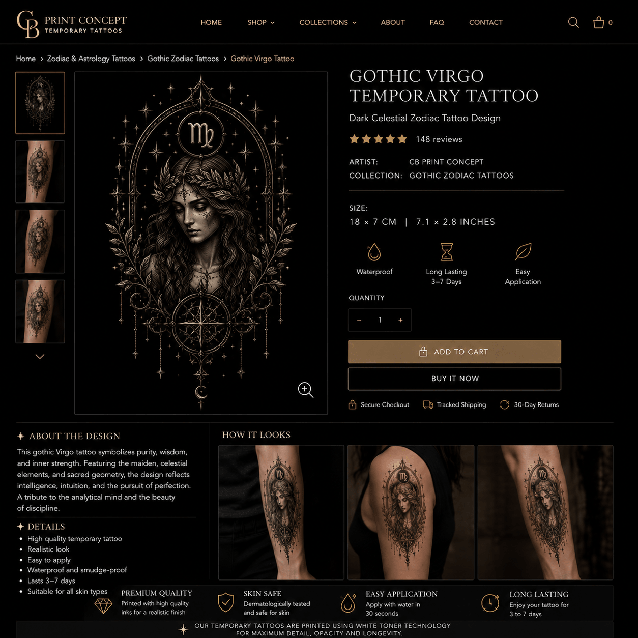 Gothic Virgo temporary tattoo featuring celestial blackwork zodiac design by CB Print Concept