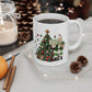 White ceramic mug with Irish Christmas design featuring Santa in green outfit beside a decorated Christmas tree.