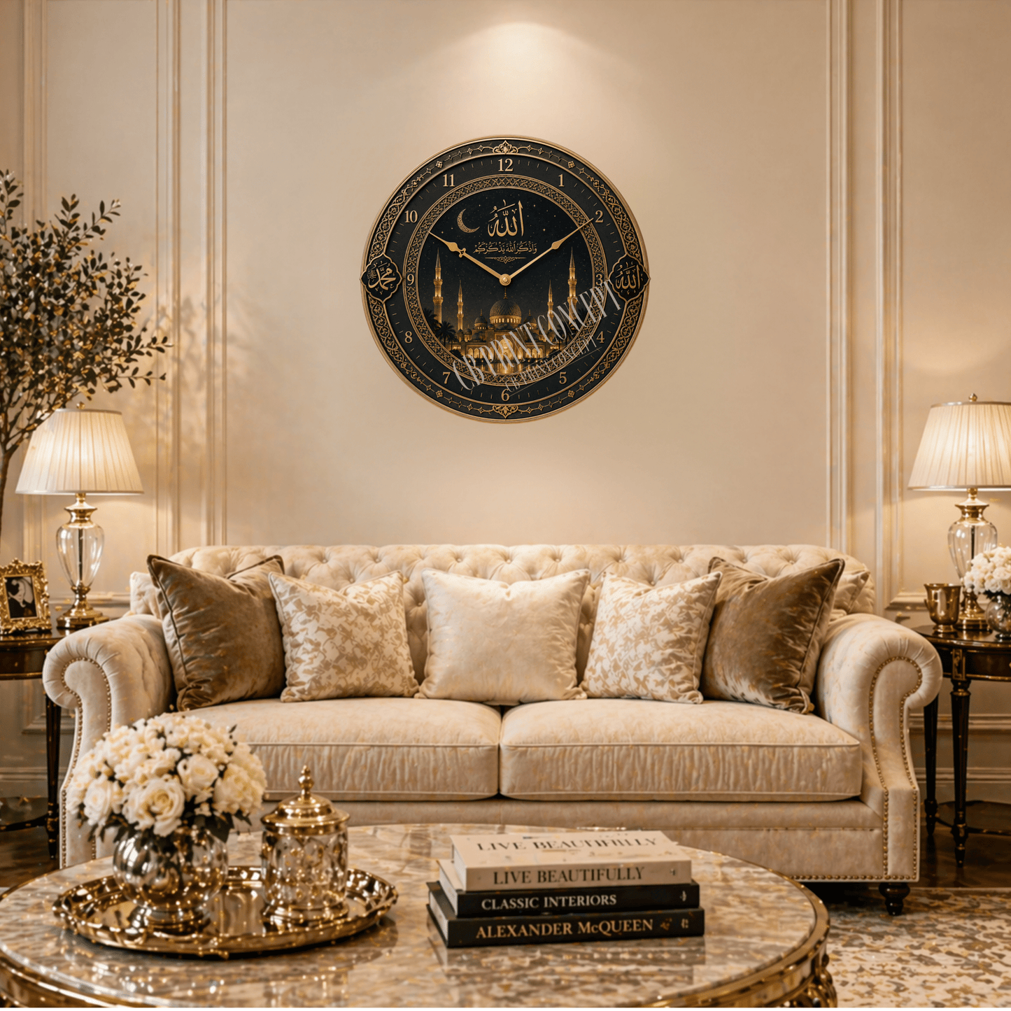 Islamic wall clock with Allah Arabic calligraphy, crescent moon and illuminated mosque design on glass by CB Print Concept