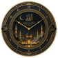 Islamic wall clock with Allah Arabic calligraphy, crescent moon and illuminated mosque design on glass