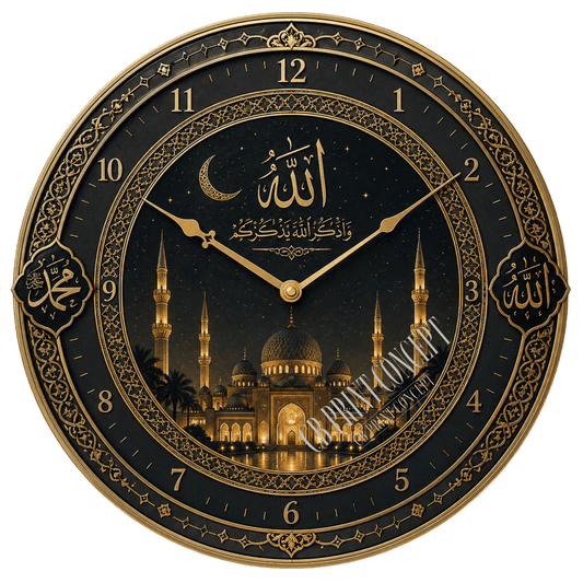 Islamic wall clock with Allah Arabic calligraphy, crescent moon and illuminated mosque design on glass