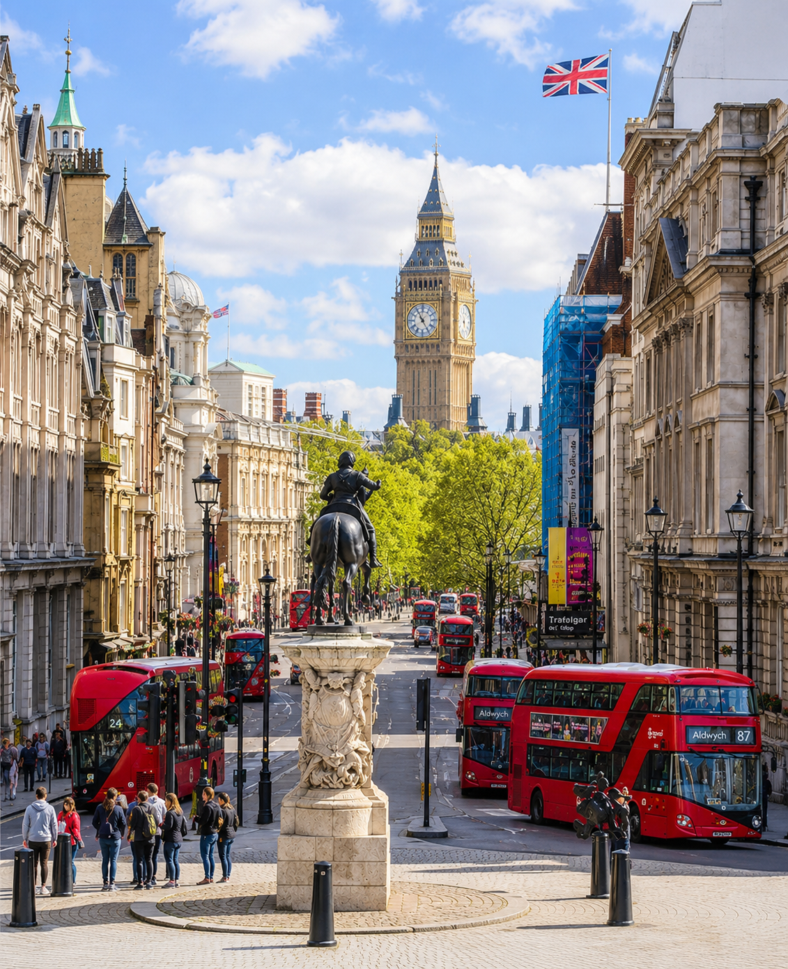 London Travel Poster featuring Big Ben, Westminster streets, red double-decker buses and iconic British architecture