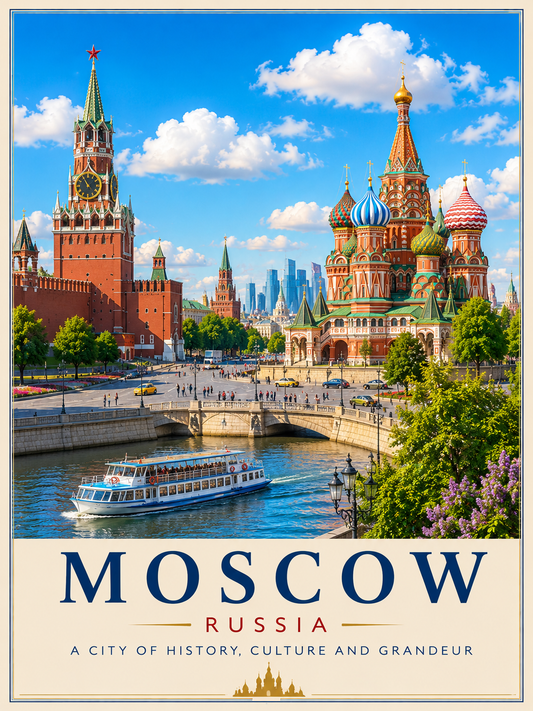 Moscow Travel Poster featuring Saint Basil's Cathedral, the Kremlin, Moskva River, historic landmarks and vibrant Russian cityscape