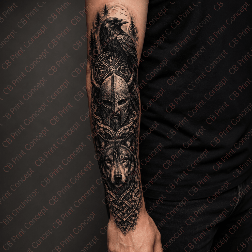 Nordic Raven Wolf Sleeve Tattoo | High - Quality Temporary Tattoos | Buy Now at CB Print Concept