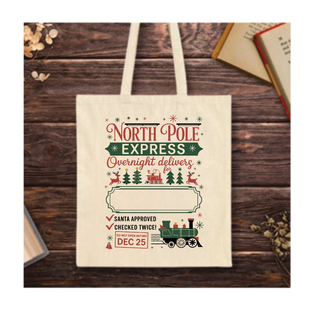 North Pole Express Train Tote Bag – festive train design