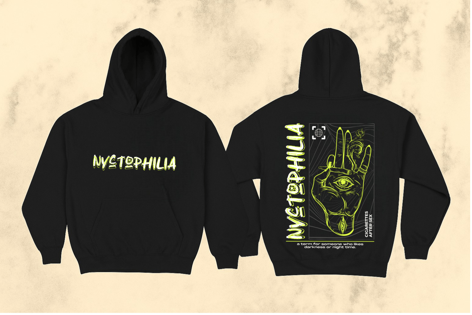 Black hoodie with 'Nyctophilia' text on front and back design on beige background