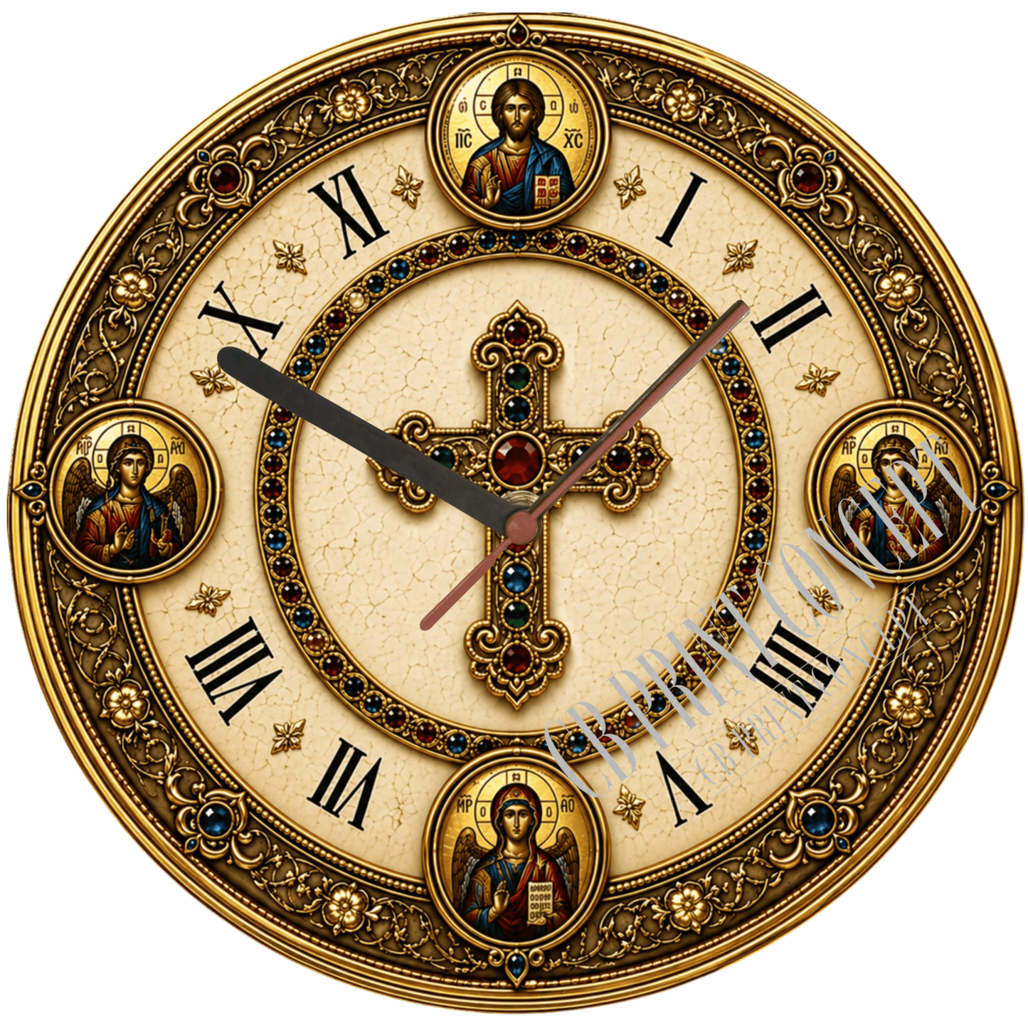 Orthodox wall clock with decorative cross and icon design in gold tones