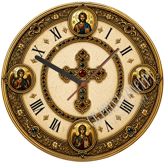 Orthodox wall clock with decorative cross and icon design in gold tones