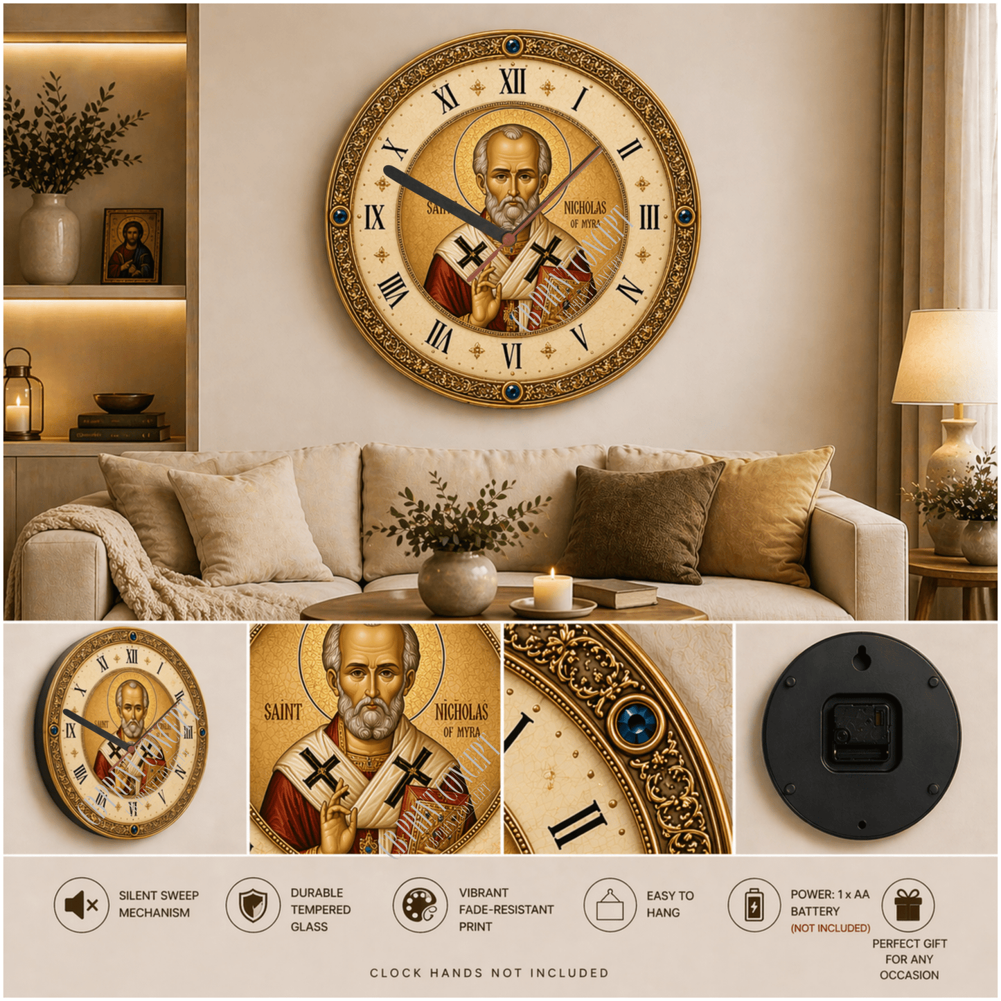 ceas de perete religios cu icoana Sfântul Nicolae decor ortodox