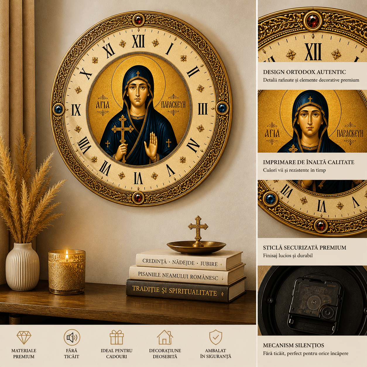 Orthodox Wall Clock – Saint Paraskeva Icon Gold | High-Quality Wall Clocks | Buy Now at CB Print Concept