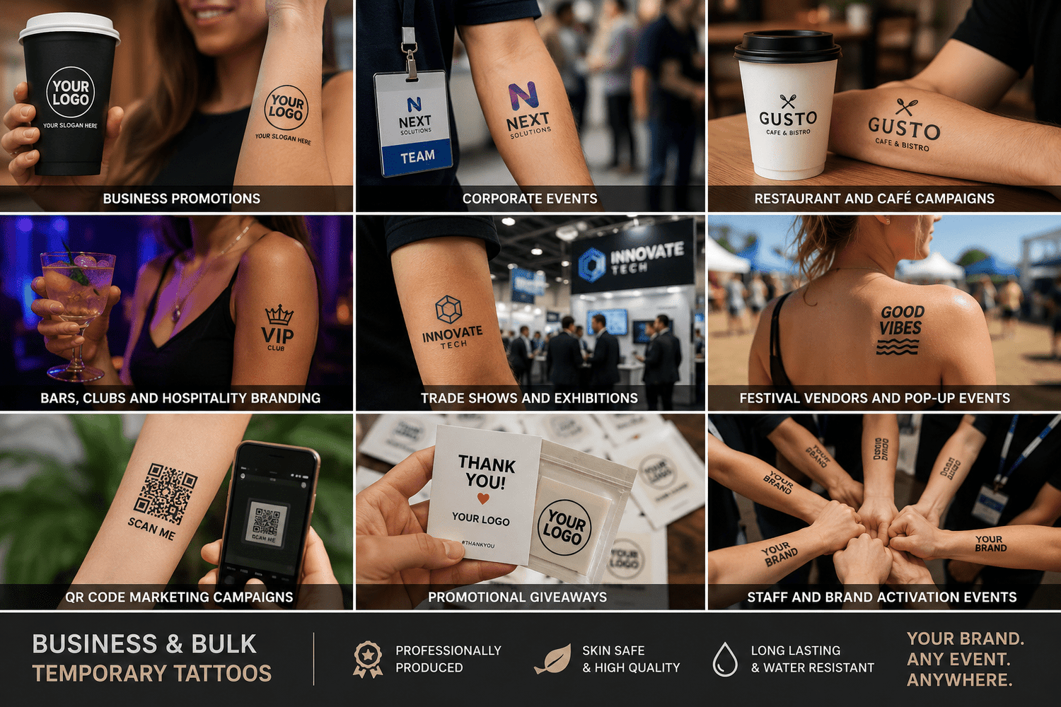 Collage of various branding and promotional activities using temporary tattoos and branded items.