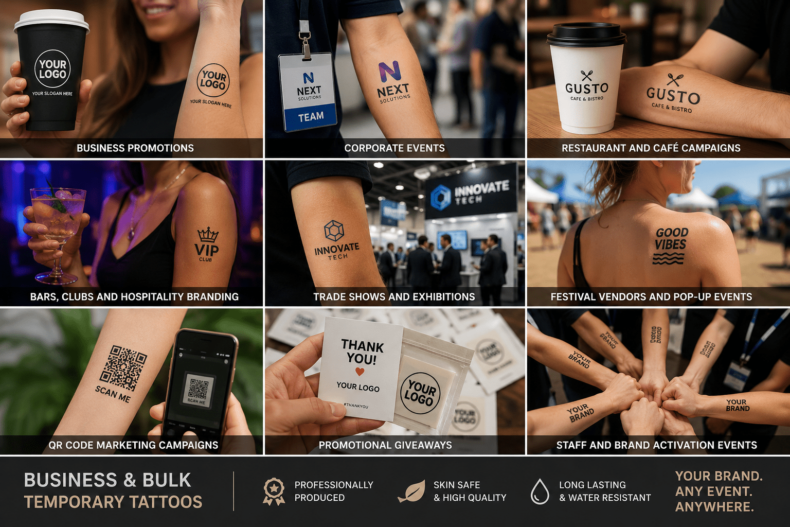 Collage of various branding and promotional activities using temporary tattoos and branded items.