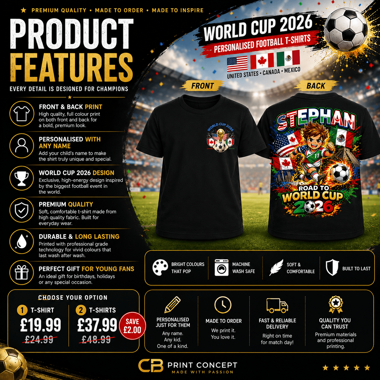 Promotional image of World Cup 2026 personalised t-shirts with product features and design details.