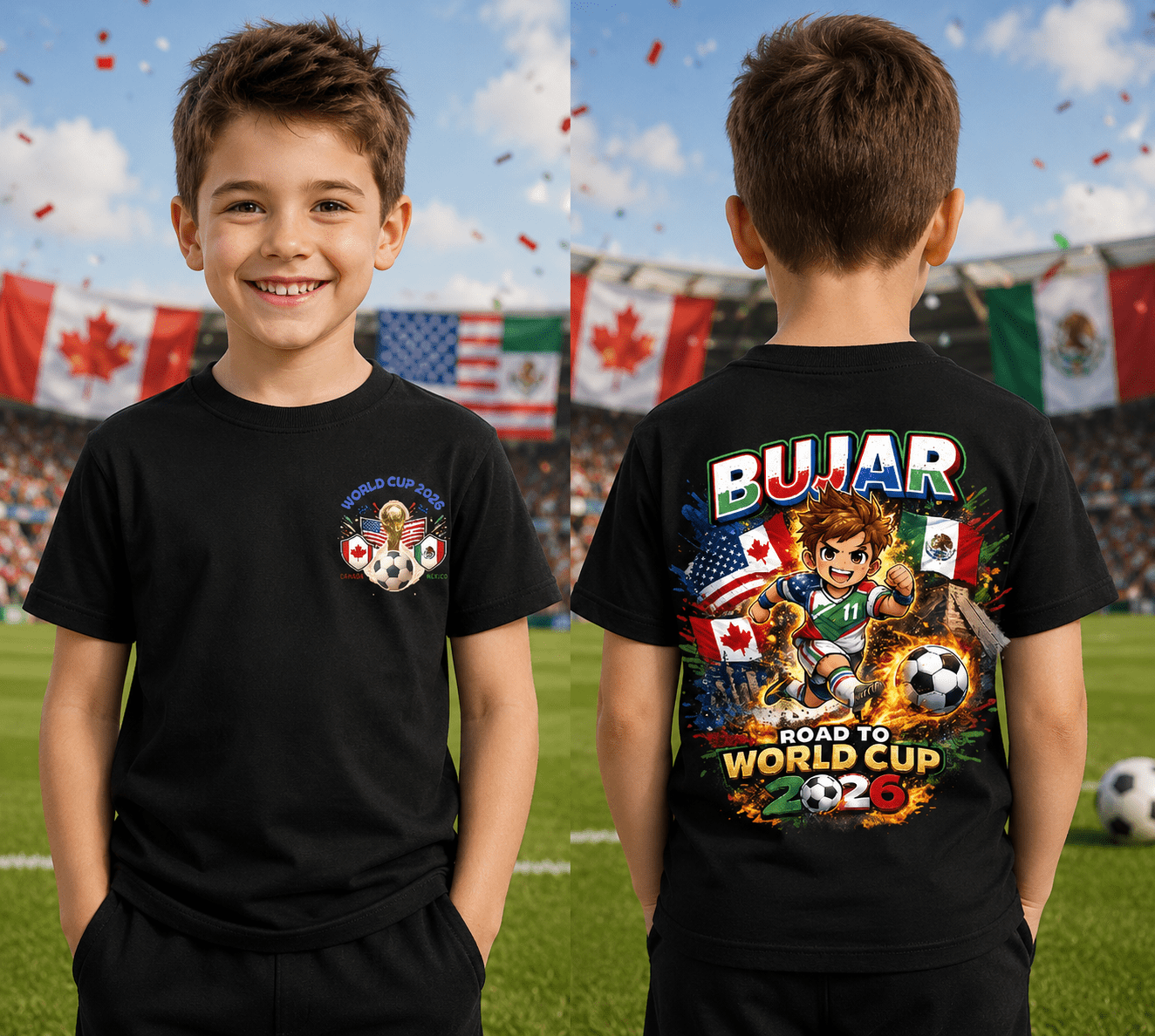 Personalised World Cup 2026 football T-shirt for kids featuring custom name and colourful football-inspired design