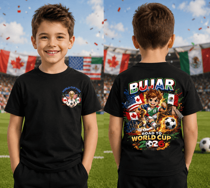 Personalised World Cup 2026 football T-shirt for kids featuring custom name and colourful football-inspired design