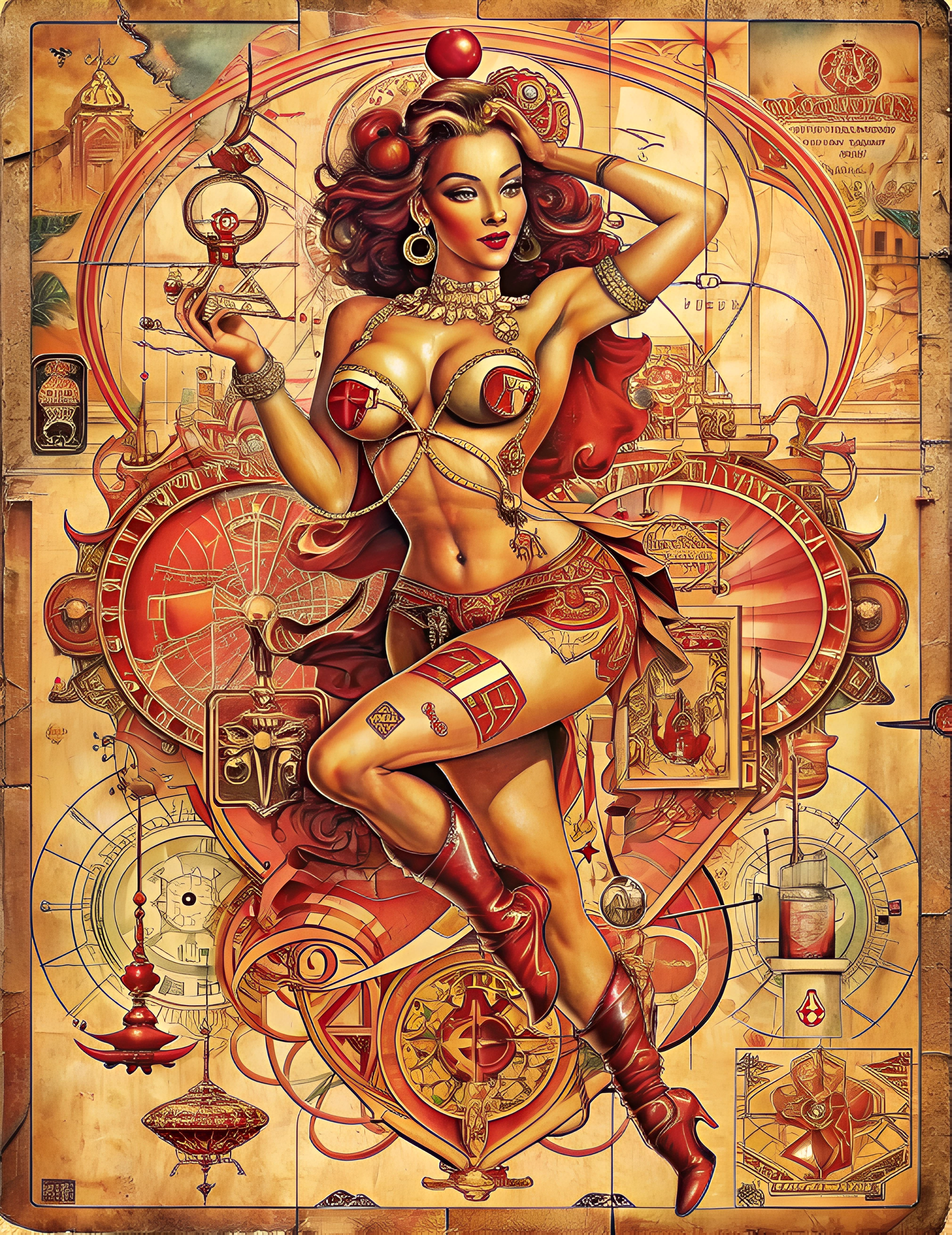 Fantasy art poster featuring an elegant female muse surrounded by ornate steampunk details, celestial symbols and Art Nouveau-inspired decorative elements