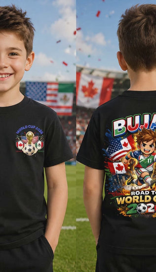 Personalised World Cup 2026 football T-shirt for kids featuring custom name and colourful football-inspired design