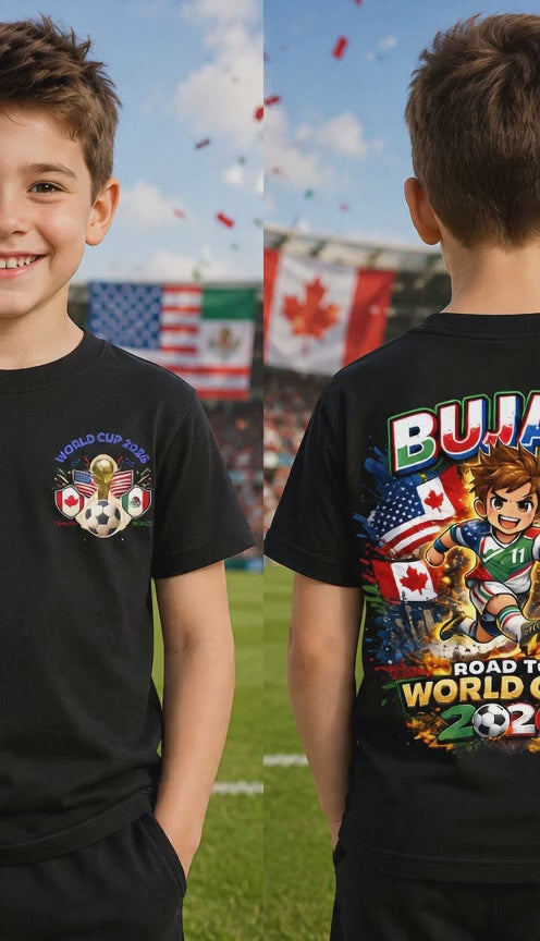 Personalised World Cup 2026 football T-shirt for kids featuring custom name and colourful football-inspired design