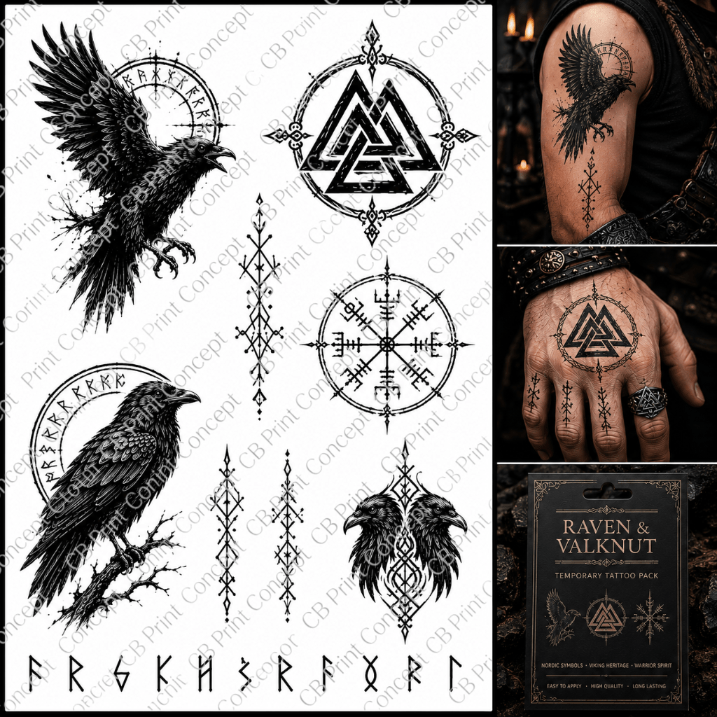 Raven & Valknut Tattoos | High - Quality Temporary Tattoos | Buy Now at CB Print Concept