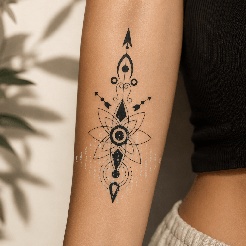 Sacred Lotus Line Art temporary tattoo mockup featuring minimalist geometric floral tattoo applied on forearm