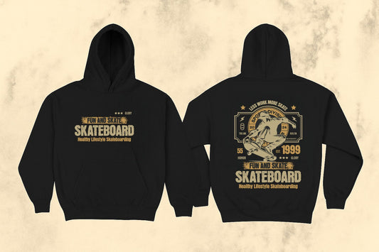 Black hoodie with 'Skateboard' text and graphics on a textured beige background
