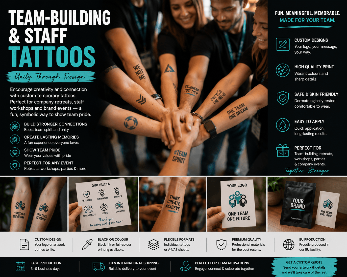 Team-building and staff temporary tattoos used during corporate retreats, employee engagement activities and company events