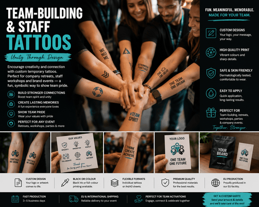Team-building and staff temporary tattoos used during corporate retreats, employee engagement activities and company events