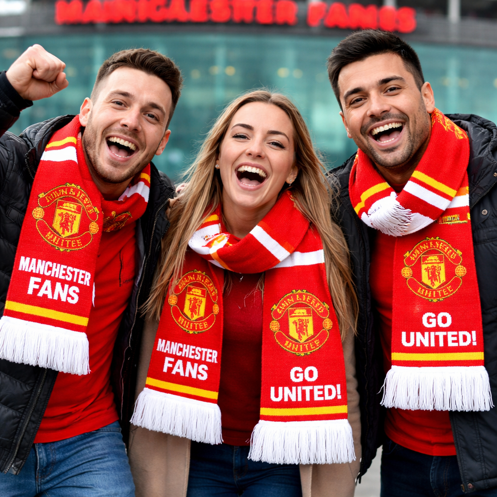 Three football supporters wearing red personalised supporter scarves with custom text and generic symbols, celebrating outside a stadium – square mockup for Shopify product listing.