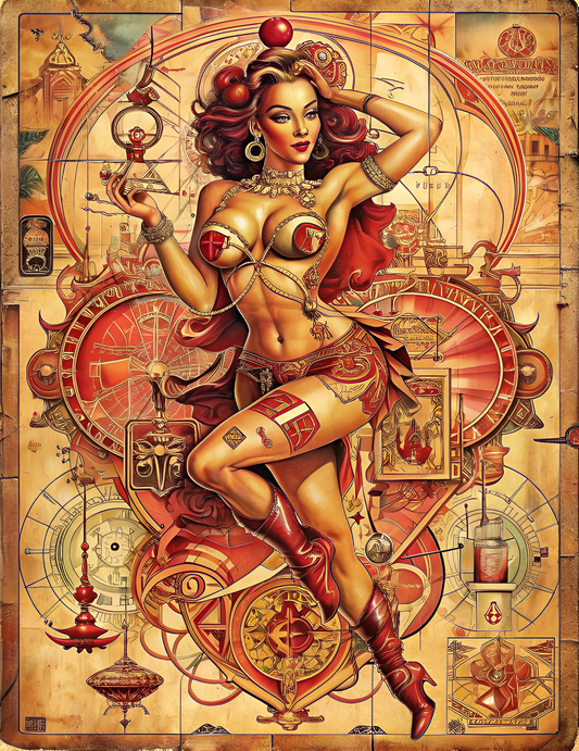 Fantasy art poster featuring an elegant female muse surrounded by ornate steampunk details, celestial symbols and Art Nouveau-inspired decorative elements