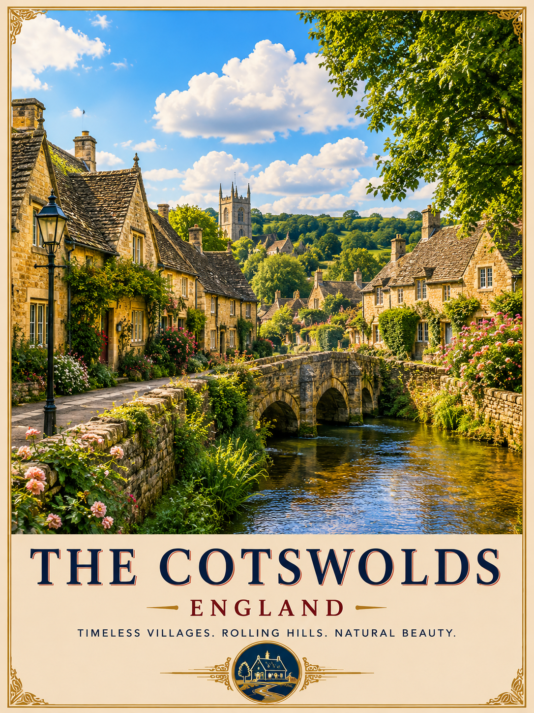 The Cotswolds poster featuring picturesque honey-coloured stone cottages, charming bridge, peaceful river and beautiful English countryside in a premium vintage travel poster style.