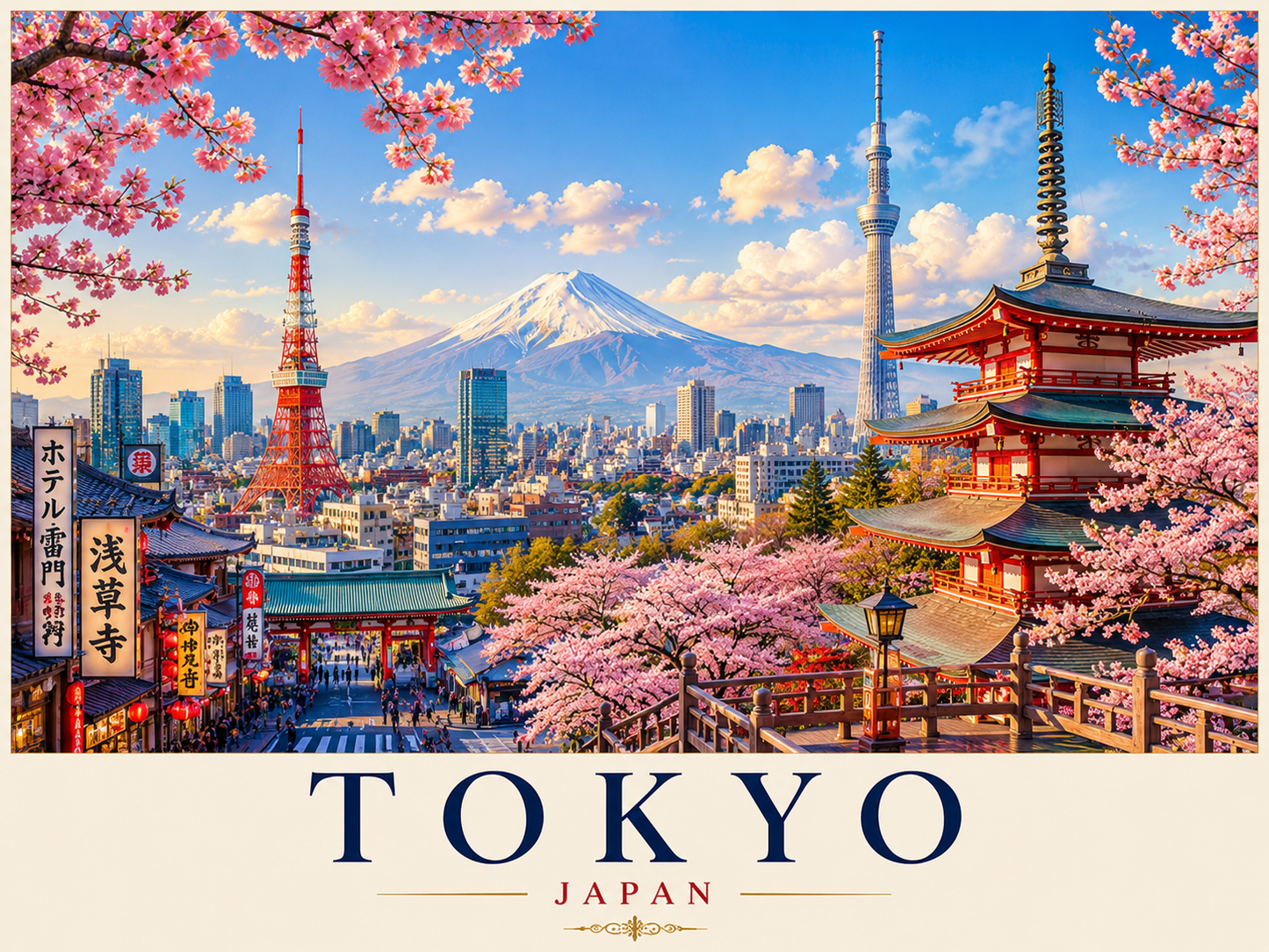 Tokyo Travel Poster featuring iconic Japanese city skyline, modern architecture, vibrant streets and luxury travel artwork.