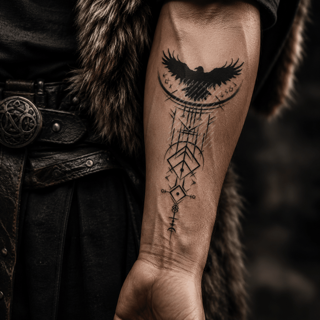 Viking Raven Legends tattoo mockup featuring realistic Viking temporary tattoo applied on forearm