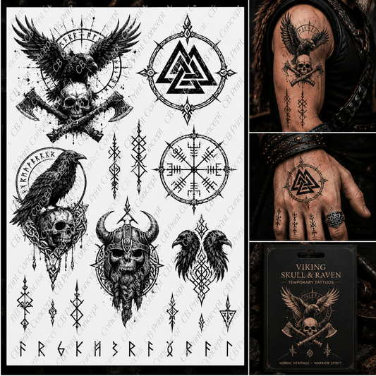 Viking Skull & Raven Tattoos | High - Quality Temporary Tattoos | Buy Now at CB Print Concept
