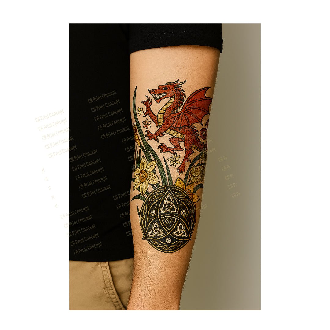 Tattoo of a dragon and Celtic design on a person's arm.