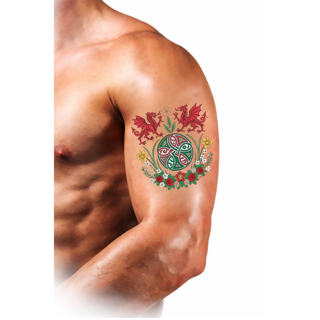 Welsh Twin Dragons Tattoo – Celtic Knot & Floral Heritage Temporary Tattoo | High - Quality | Buy Now at CB Print Concept