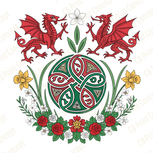 Decorative design with red dragons, flowers, and a Celtic knot pattern on a white background.