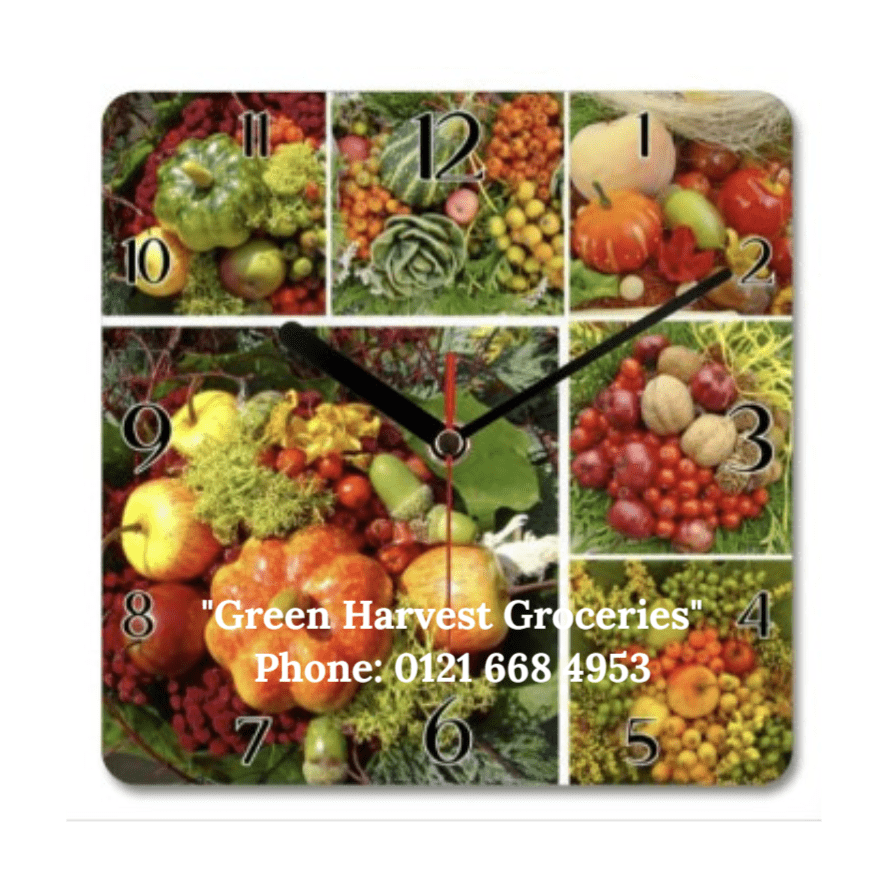 Green Harvest Groceries Wall Clock - Print Concept
